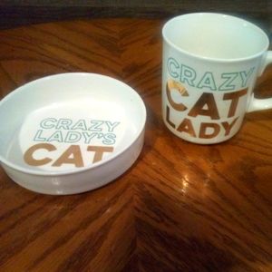 Genuine Fred's  Ceramic Mug Crazy Cat Lady Metallic Gold 16 Oz and Cat Dish